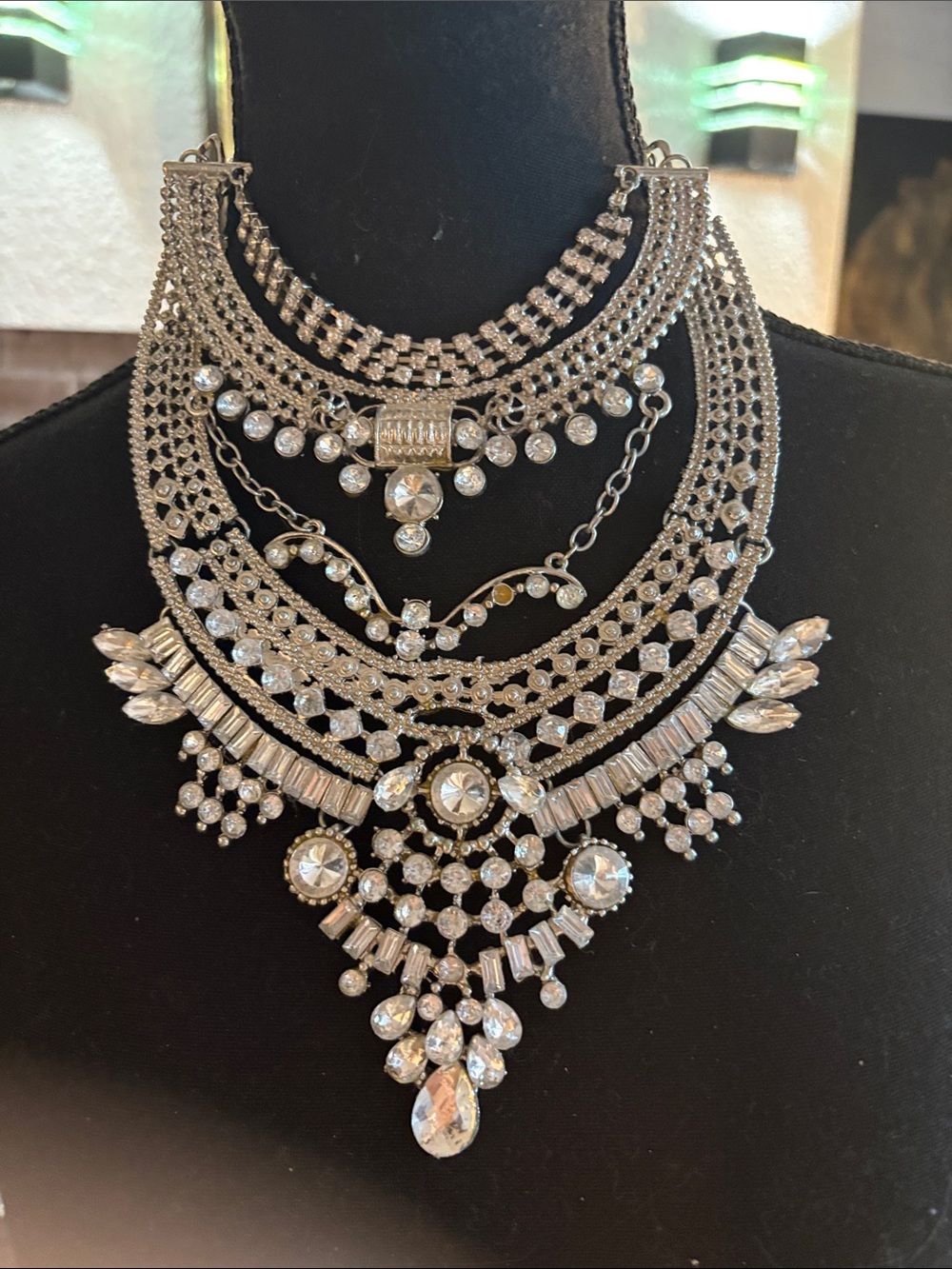 Fashion Jewelry Silver Crystal Multi-Layer Bib Necklace